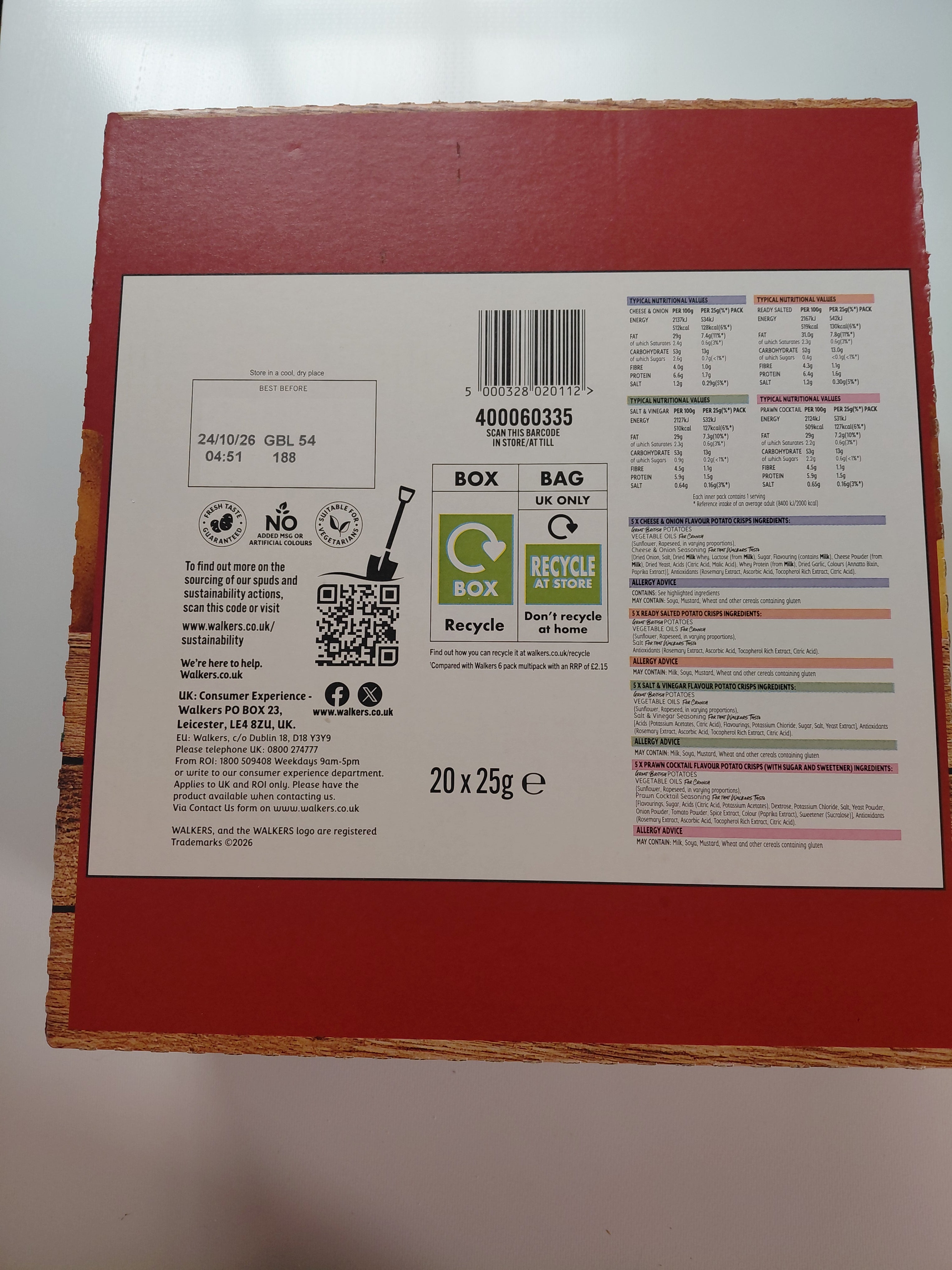 Walkers Classic Variety Pack Crisps – 20 x 25g