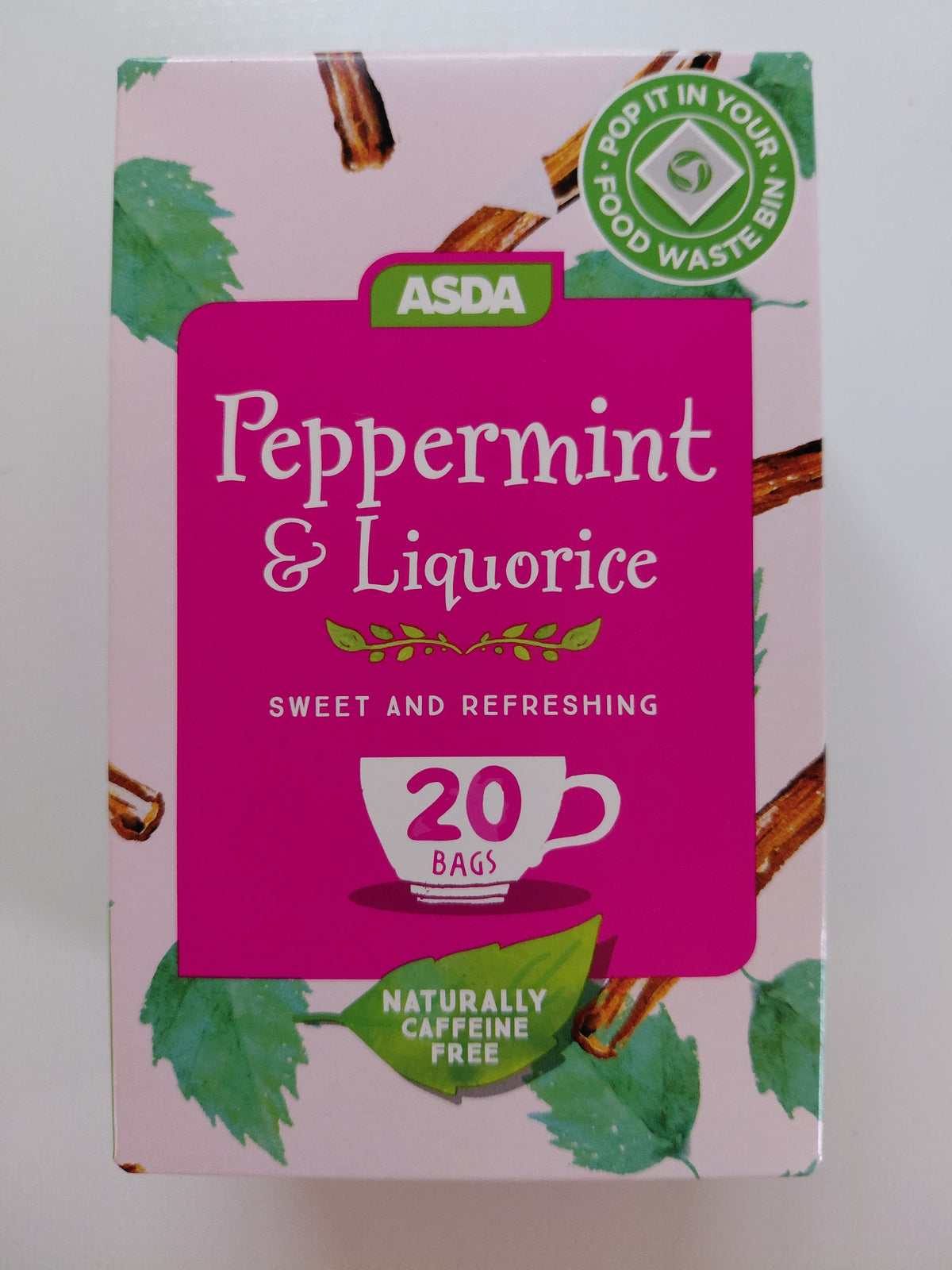 ASDA Peppermint & Liquorice Tea – 20 Bags Description: Naturally caffeine-free herbal tea with refreshing peppermint and sweet liquorice flavour. Pack contains 20 tea bags.
